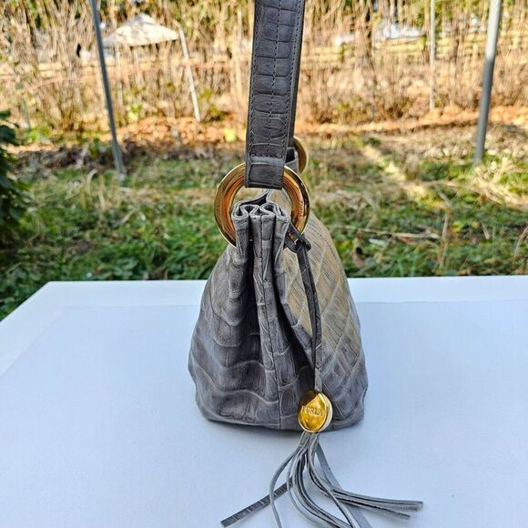 FURLA Croc Embossed Grey Genuine Leather Handbag Shoulderbag, Pre-owned - Picture 6 of 12